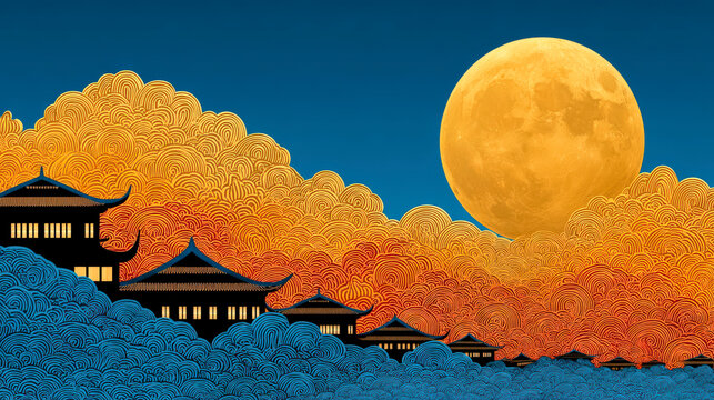 Traditional Chinese architecture beneath golden full moon during Mid Autumn Festival celebration