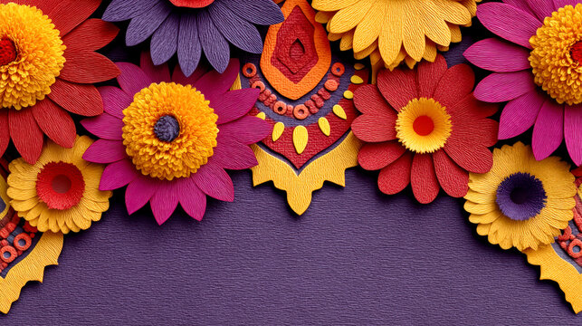 Colorful Diwali floral border with traditional diya ornaments and purple copy space