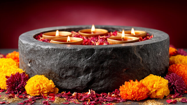 Glowing Diwali diyas in stone bowl surrounded by vibrant marigold flowers petals