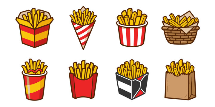 Eight vibrant cartoon illustrations of french fries, served in diverse colorful containers. Perfect for menus, fast food designs, and snack branding