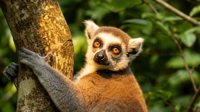 Close up of a ring tailed lemur climbing a tree in a lush green forest with bright orange eyes