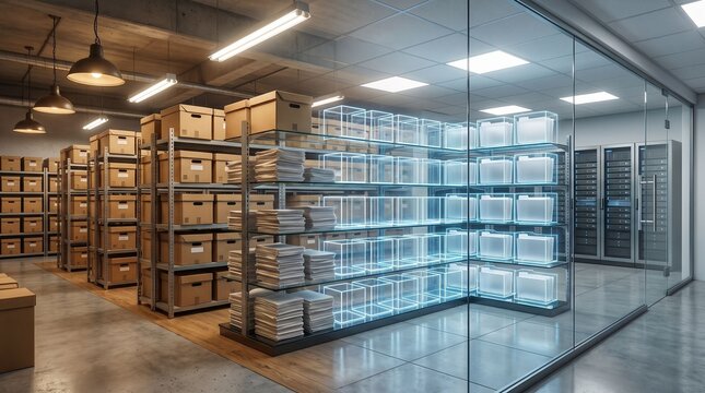 Archive room with shelf, box, and glass cabinet, showing paperless office transformation through document digitization and efficient record management.