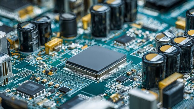 Advanced Microchip Circuit Board on Automated Electronics Assembly Line in Modern Manufacturing Facility