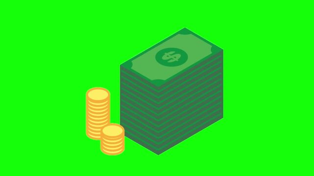 Animated isometric stacks of cash and gold coins moving across a green screen background with isometric bundles currency video isometric transaction