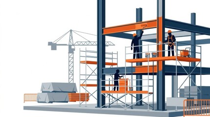 Fototapeta premium Workers are active at a construction site, focused on painting steel structures and using a crane for lifting materials.