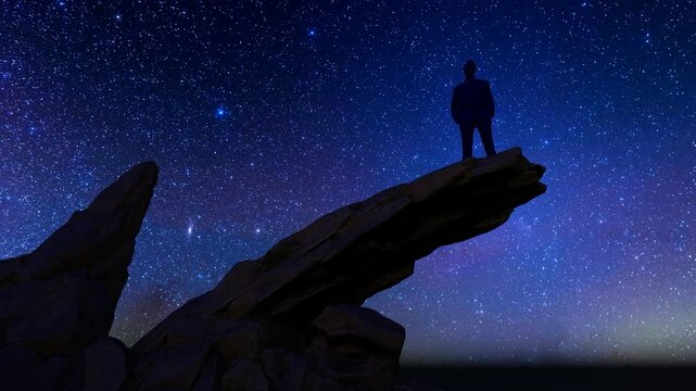 The back view of a merchant standing at the summit, gazing up at the starry sky.