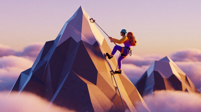 Low poly 3d illustration of a climber scaling a mountain peak