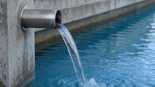 Clear water flowing from metal pipe into blue pool with concrete wall background