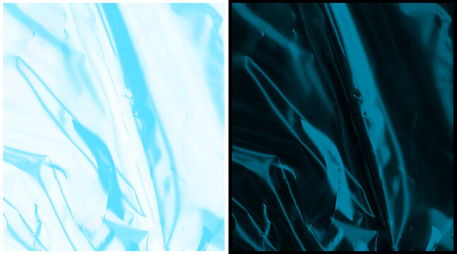 Abstract blue plastic texture background, crumpled cellophane film wrap surface, macro detail of transparent synthetic material with light reflections