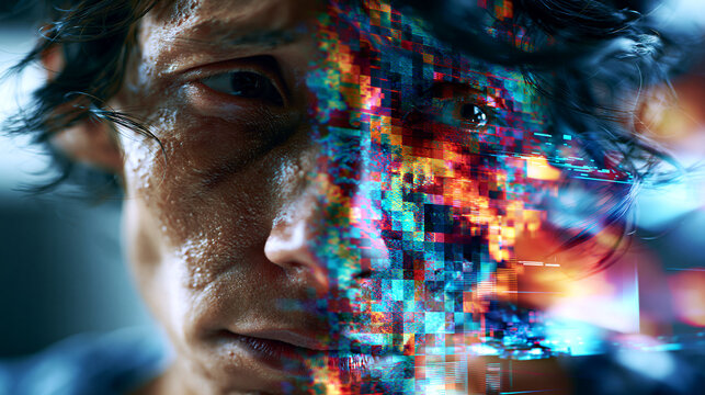 Glitch pixel noise close up portrait with colorful digital grain, signal distortion and cyber abstract overlay in photorealistic style