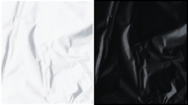 Crumpled paper texture background, split black and white creased paper sheets, minimalist abstract paper folds and shadows for graphic design