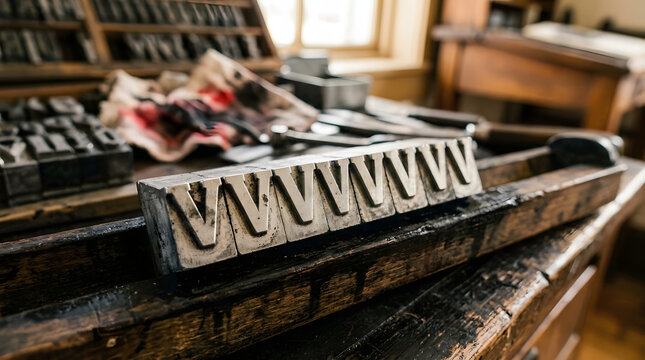 Metal letterpress type blocks arranged in a row on a dark wooden workbench with craft
