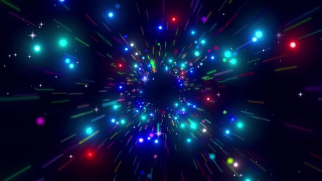 Particles of light streak through space in a colorful explosion of energy against a deep black void.