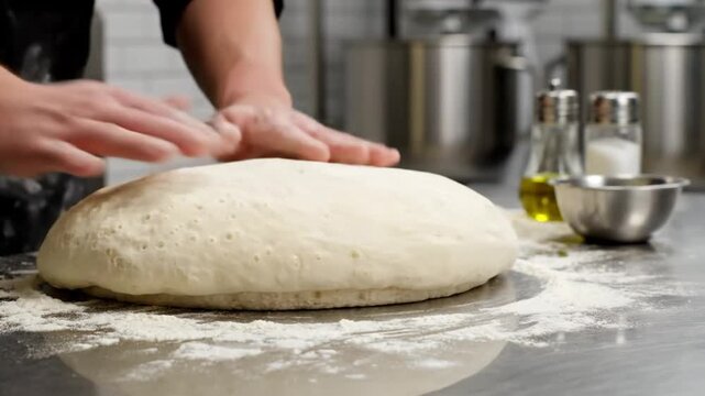 Chef kneading large ball of fresh dough on metal kitchen counter for artisan bread and pizza making