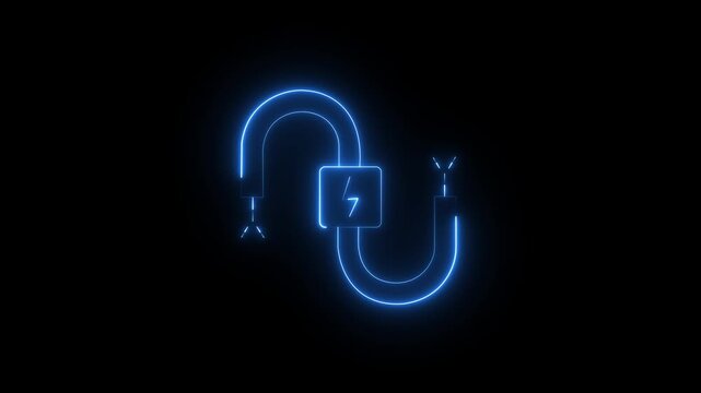 glowing blue blue electric power cord symbol with lightning bolt icon on a dark black background representing energy connection and technology animation 4k video
