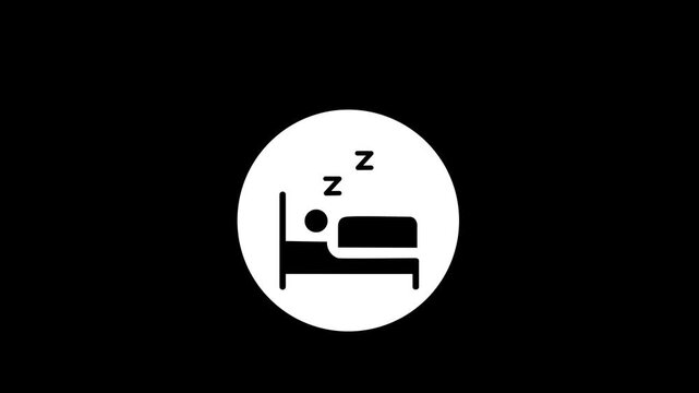 Animated black and white sleep icon with a person in bed Sleep icon motion graphic animation on blank background with bed and snoring symbol in white circle. animation