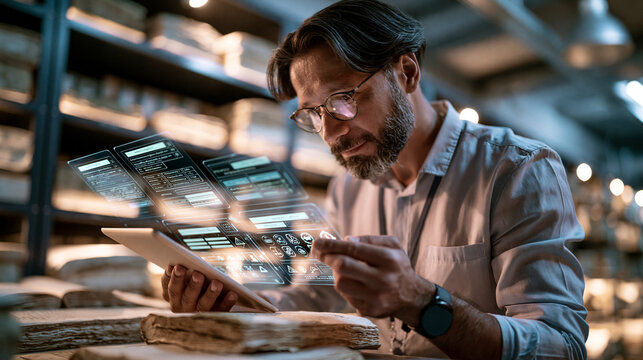 Photorealistic archivist scanning historic documents in electronic archive, climate controlled room with metadata and indexing overlays for digital preservation