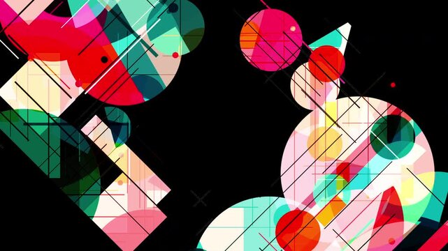 漆黒の背景に映える鮮やかなビビッドカラーと斜め交差する直線。幾何学グラフィックと重層構造のアート構成。