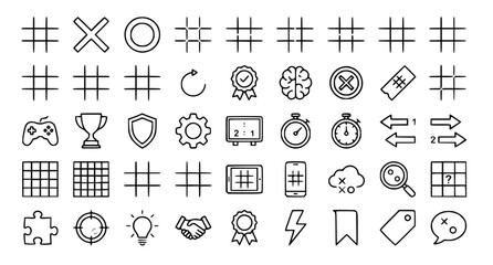 Tic Tac Toe Game and Logic Strategy Line Icon Set with Minimalist Vector Symbols for Gaming, Brain Training, and App Interface Designs © TOHURA