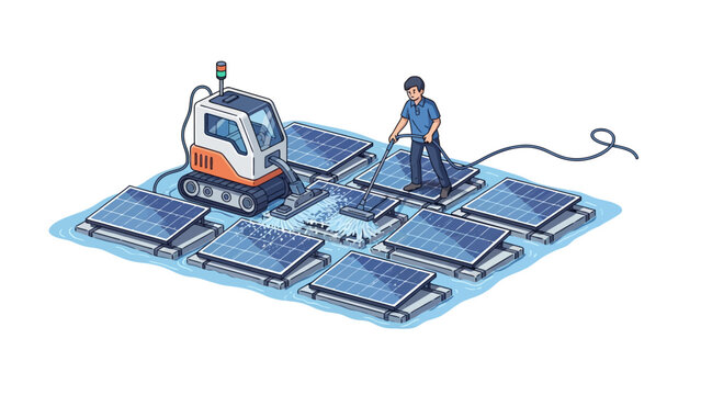 Floating Solar Panel Maintenance with Robot and Technician Illustration