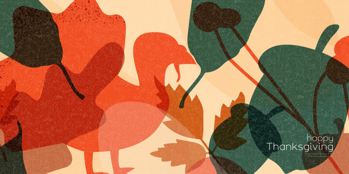 Happy Thanksgiving banner. Modern background with leaves and turkey silhouettes.
