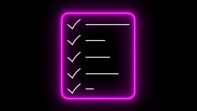 glowing neon simple drawing depicts a checklist with five check marks indicating completed tasks. document clipboard icon animation Motion graphics of concept black background. 4k video