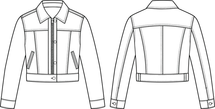 Classic denim jacket technical flat sketches apparel templates pack featuring cropped front and back views button closure vector line art