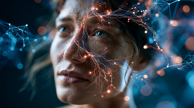 Photorealistic neural portrait of a human face with glowing pathways and data graphics in a refined dark AI identity concept