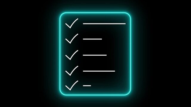 glowing neon simple drawing depicts a checklist with five check marks indicating completed tasks. document clipboard icon animation Motion graphics of concept black background. 4k video
