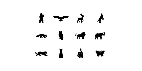 Fototapeta premium Animals Silhouettes Arranged in a Grid Pattern Featuring Wildlife, Nature, Black with White and Vector Elements for Illustration