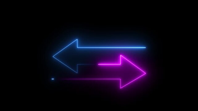 Glowing neon direction left and right arrow icon animation neon sign signal information,two neon-style arrows pointing in opposite directions sign symbol black background. animation 4k video