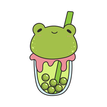 Cute frog bubble tea illustration. Kawaii green boba drink with a smiling animal character.