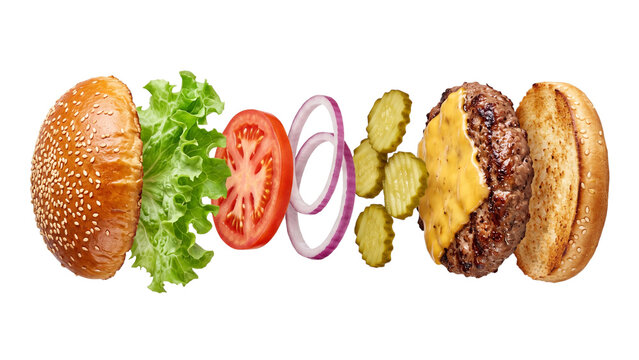 deconstructed cheeseburger ingredients isolated PNG, burger layers on transparent background