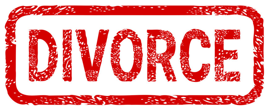 Red grunge rubber stamp imprint featuring the word DIVORCE symbolizing legal marriage dissolution, separation, and family law proceedings. (cut out)