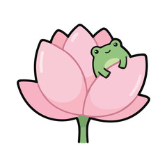 Cute green frog sitting on a pink water lily. Cartoon amphibian resting on a blooming lotus flower pad. © NeuroVisual Lab