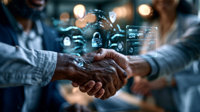 Trust handshake between two professionals in a modern office with security icons, encrypted lines and transparent interface UI panels for corporate cybersecurity