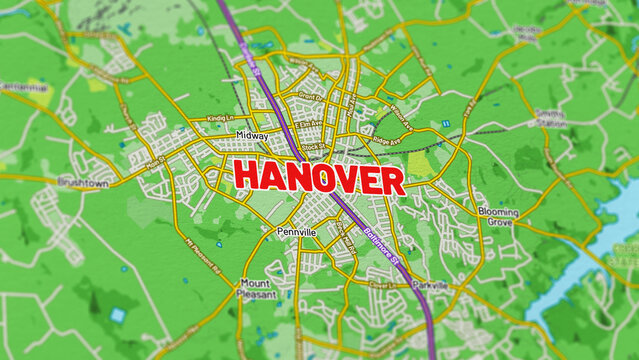 Macro View of Hanover Pennsylvania Map Showing Detailed Streets, Roads, and Geographic Layout