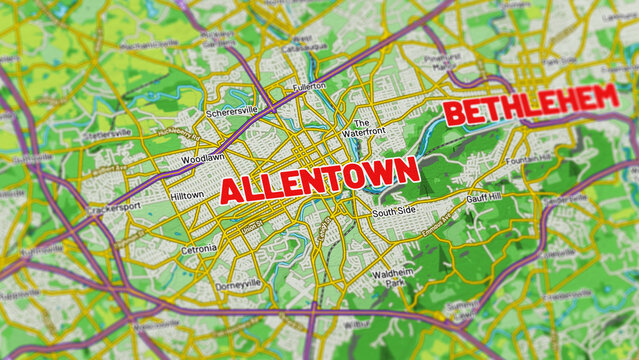 Macro View of Allentown and Bethlehem Pennsylvania Map Showing Detailed Streets, Roads, and Geographic Layout