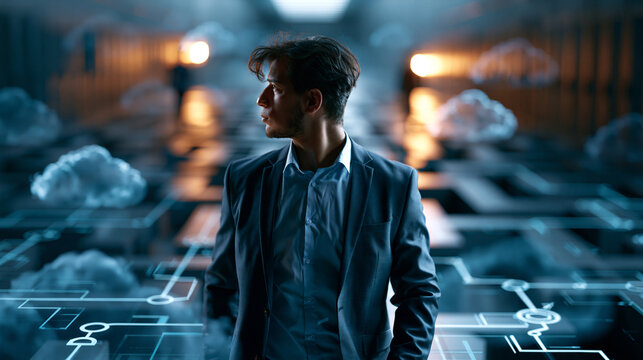 Businessperson walking through a cloud labyrinth in a vast server hall where data network lines and maze route icons create a futuristic transformation