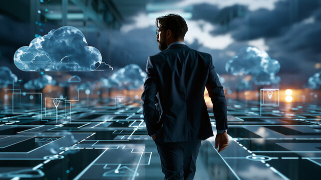 Cloud maze transformation with a businessperson walking through a vast server hall, surrounded by digital network icons and route lines in a futuristic tech mood