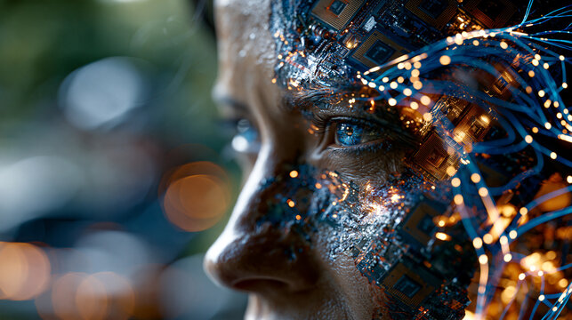 Futuristic close up human face merging with microchips and circuits, overlaid with neural diagrams and luminous data lines for a silicon mind mood