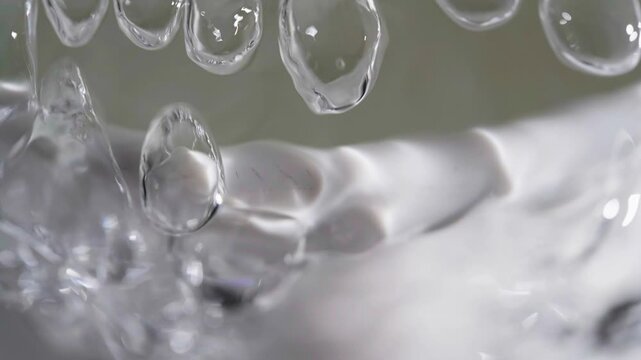 Close up macro of a running dripping tap. Water flowing and bubbling. Tap water silver kitchen fixtures,