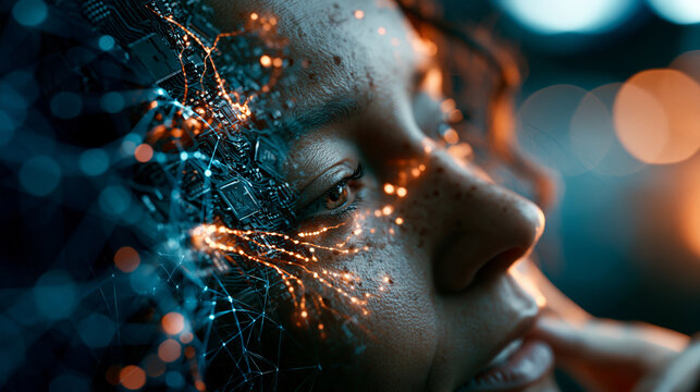 Photorealistic close up human face merging with microchips and neural network data, glowing circuit textures and luminous lines for futuristic technology concept