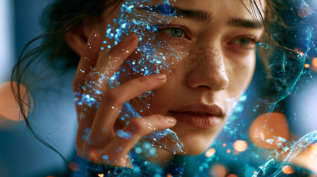 Futuristic synthetic personality portrait of a fashionable young adult face with layered avatar reconstruction, facial landmarks and translucent identity