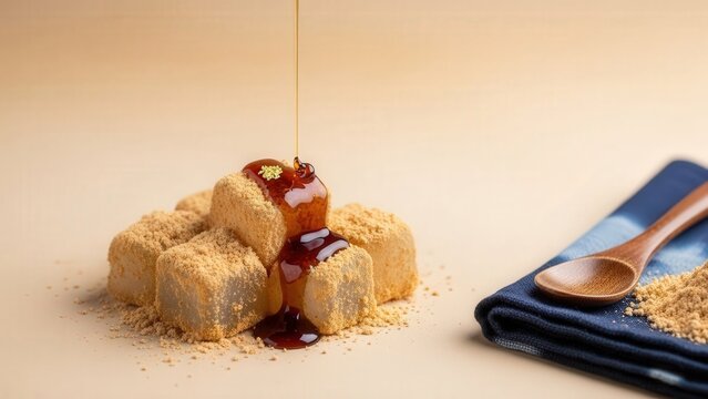 Translucent Japanese Warabimochi with Kinako, Brown Sugar Syrup, and Soft Beige Copy Space