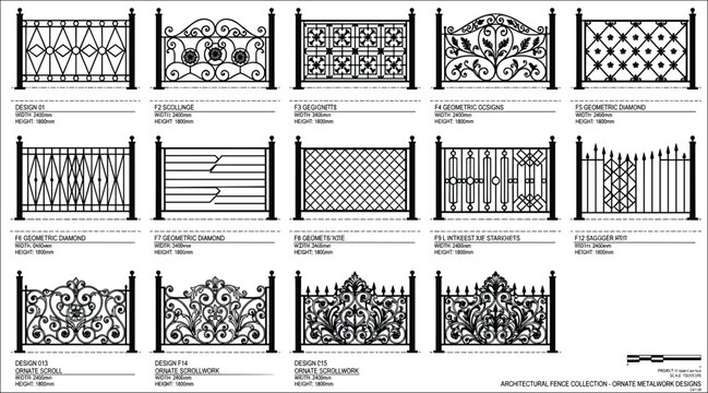 Collection of classic metal gate designs and security railing patterns for exterior architecture isolated on white background