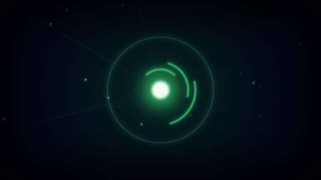 Futuristic glowing green HUD circular interface element with rotating rings on a black background, ideal for sci-fi tech visuals and digital user interface displays.