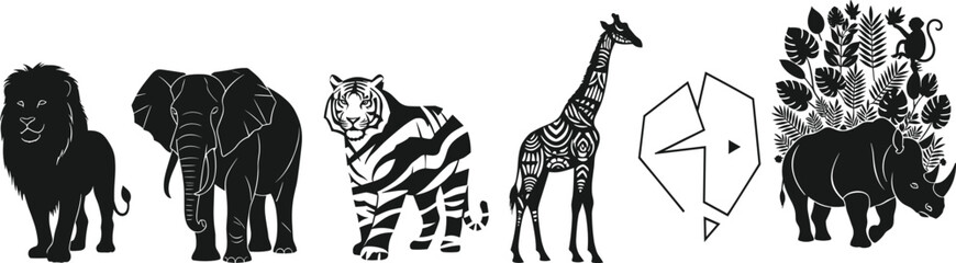 Wild animals silhouette set with lion, elephant, tiger, giraffe, rhino in tribal, geometric, foliage, and creative artistic styles © Sree