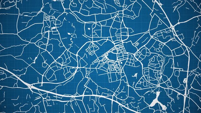 Ink reveal animation of Swindon city, Wiltshire, England, United Kingdom, grid map. Aerial top view. Blueprint style. White lines with blue background. 4K Seamless loop.