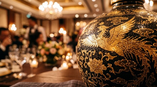 Exquisite Golden Phoenix Vase in Banquet Hall